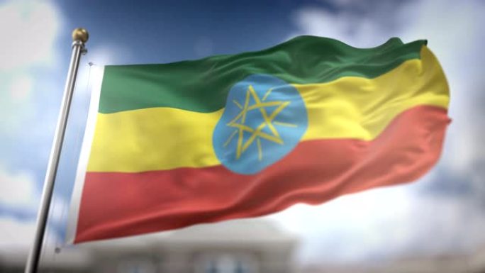 埃塞俄比亚国旗挥舞慢动作3D渲染蓝天背景-无缝循环4K