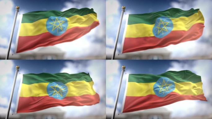 埃塞俄比亚国旗挥舞慢动作3D渲染蓝天背景-无缝循环4K