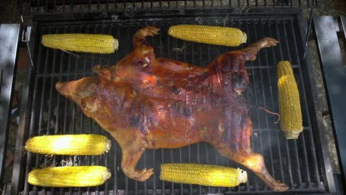 花园屋4k烧烤全烤猪。西班牙烤猪肉的家常菜