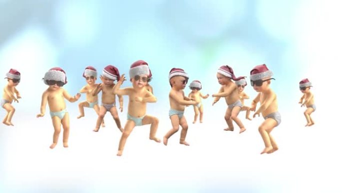有趣的小男孩孩子们玩得开心，戴着圣诞帽跳舞，3d渲染