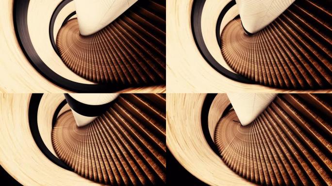 螺旋楼梯的倒置视图。动画。沿着抽象的螺旋楼梯和棕色的墙壁飞行，迷幻的3d动画，无缝循环