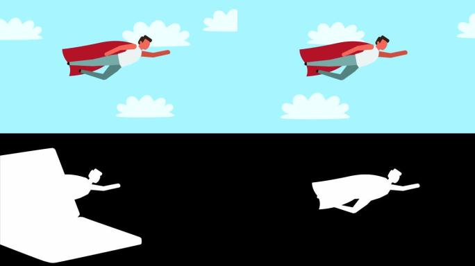 简笔画彩色象形图男子角色超级英雄与笔记本电脑卡通动画飞行。Luma哑光