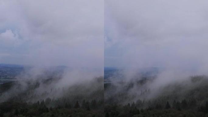 最近下雨后森林的水分蒸发。雾在捷克共和国利贝雷茨地区的je š t ě d山脊上滚动。白色黑暗逐渐来