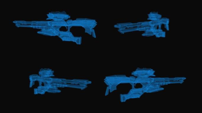 Si-Fi网络未来枪线框方案。3d渲染与蓝色网格线。循环旋转的黑色背景。