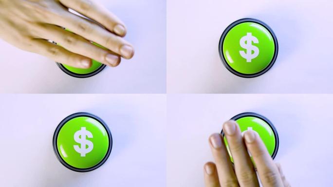 商务人士用美元符号推动绿色光泽货币按钮。按下按钮可以赚大钱。4k视频，用于支付系统，金融机构，股票市