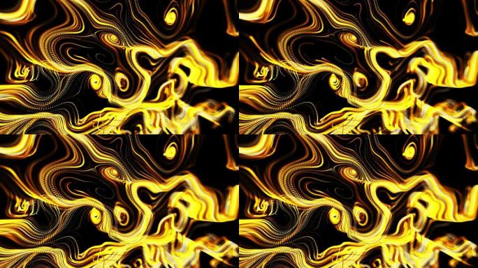 颗粒的黄色流动形成卷曲的辉光线或光条纹，如辉光轨迹，线形成漩涡状图案，如卷曲噪声。抽象3d循环作为明
