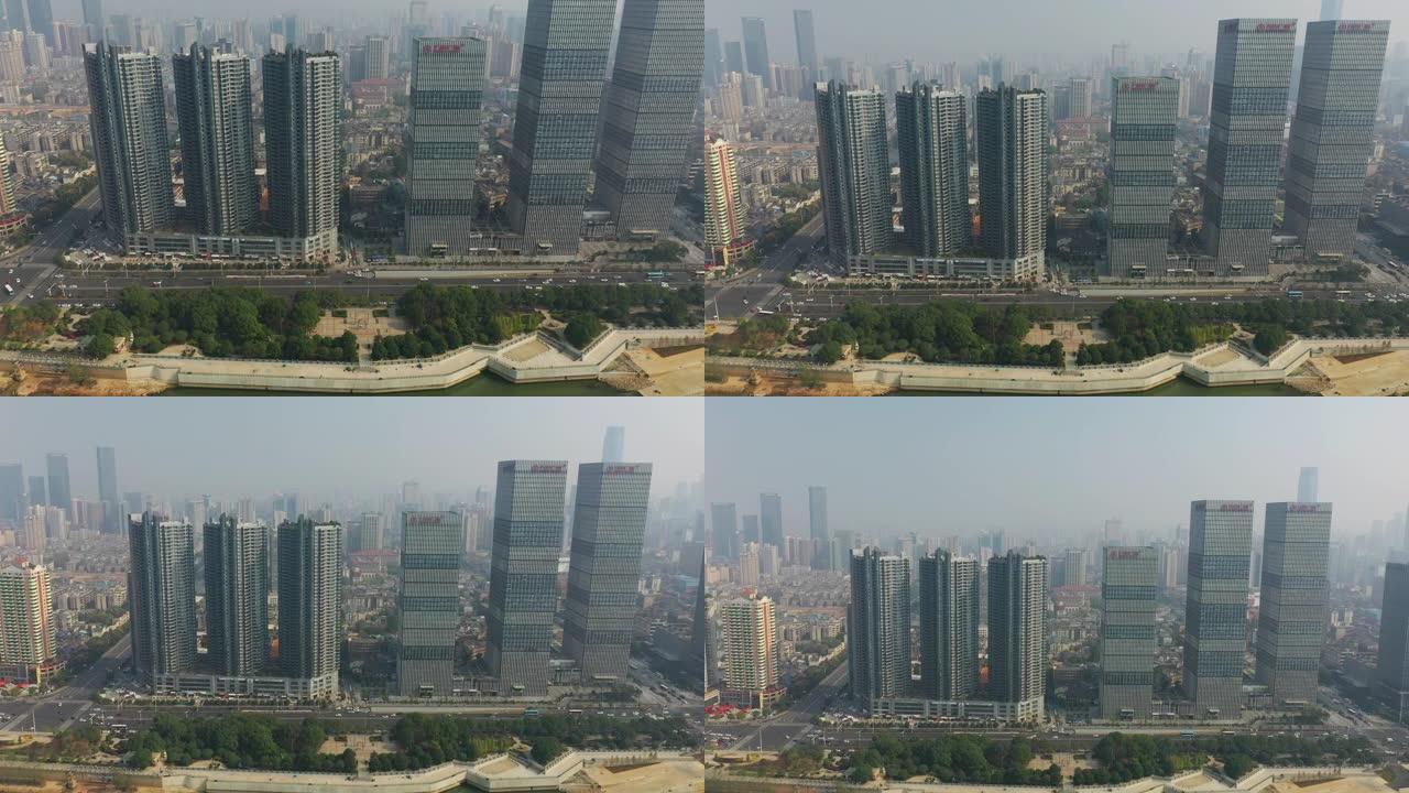 长沙市中心著名滨江交通湾晴天空中全景4k中国