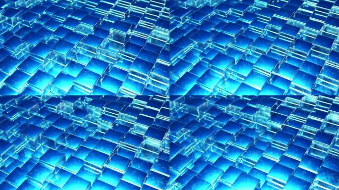 立方体抽象蓝色金属背景。金属立方体的墙。无缝循环3d渲染