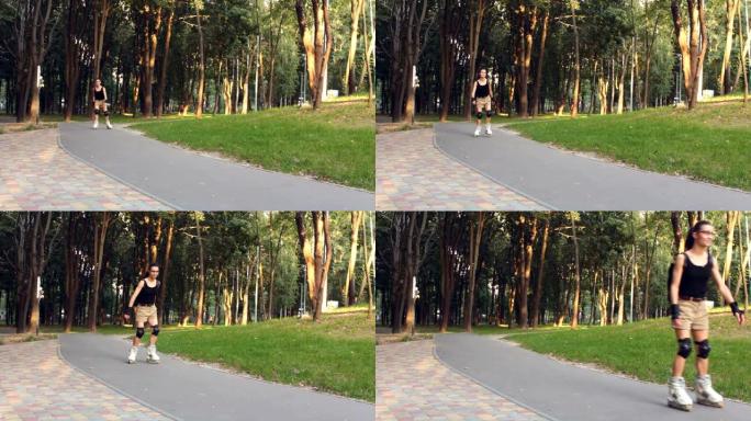 年轻迷人的女性正在公园里溜旱冰。年轻快乐的女性在夏季公园享受轮滑。