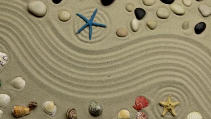 夏季背景-锯齿形沙子上的贝壳、星星和石头。起重机开枪。