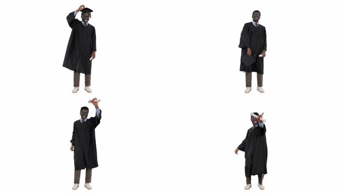 兴奋的非裔美国男学生向空中投掷迫击炮，并在白色背景上与他的文凭进行愚蠢的舞蹈