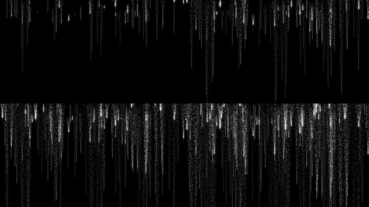 未来主义白色闪闪发光的星尘轨迹粒子坠落效果4k动画在黑色背景上。