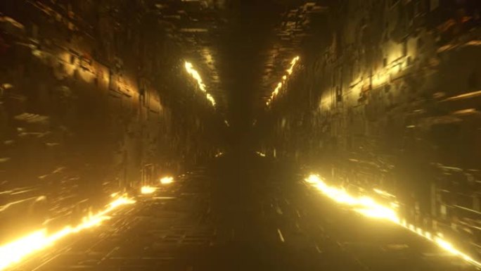在霓虹灯照明的未来派金属走廊中无休止的飞行。技术和未来概念。无缝循环3d渲染。现代橙色光谱