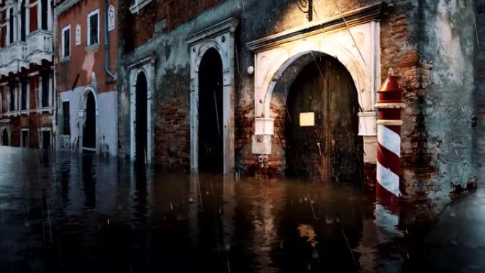 意大利威尼斯Acqua Alta期间洪水泛滥的古建筑