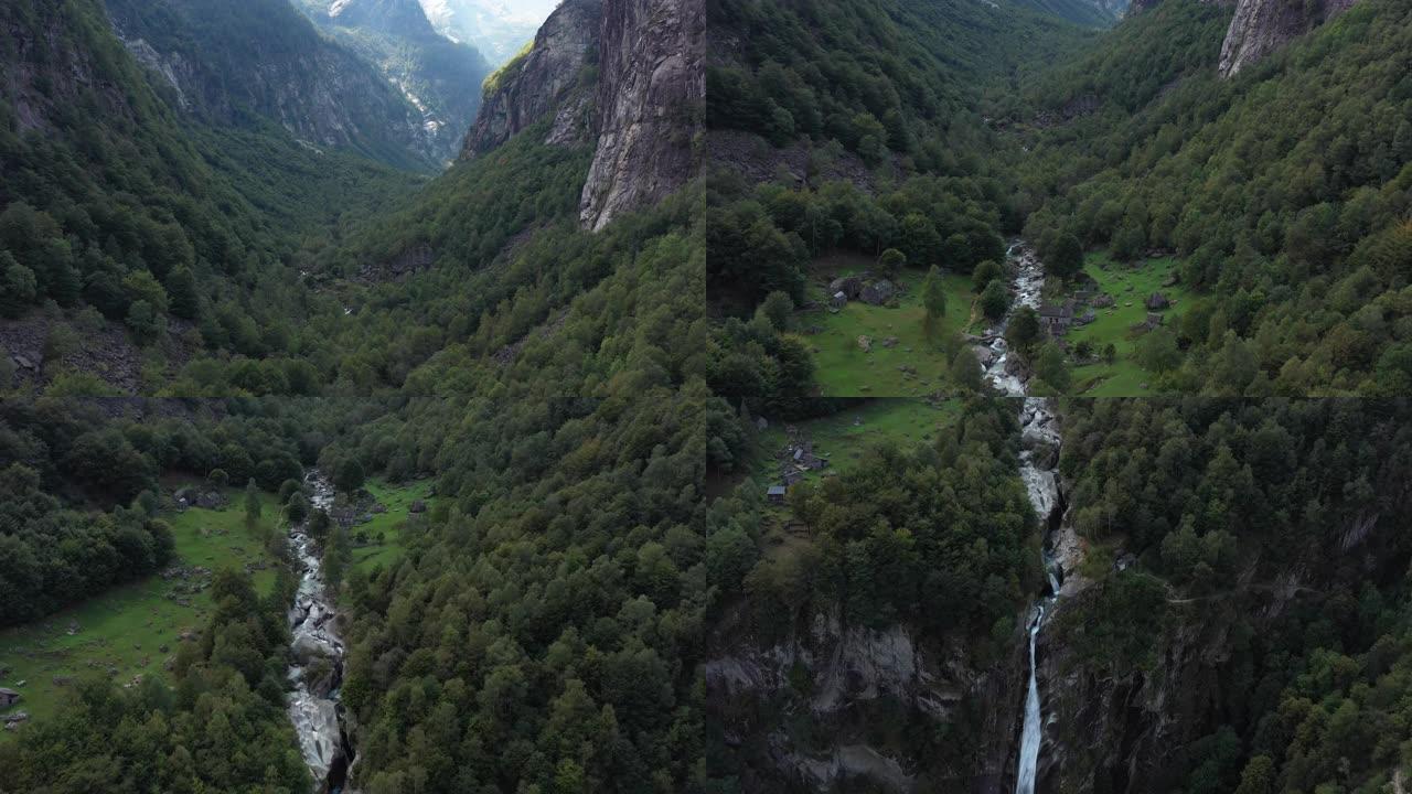 瑞士阿斯科纳-洛迦诺地区的Foroglio瀑布和村庄