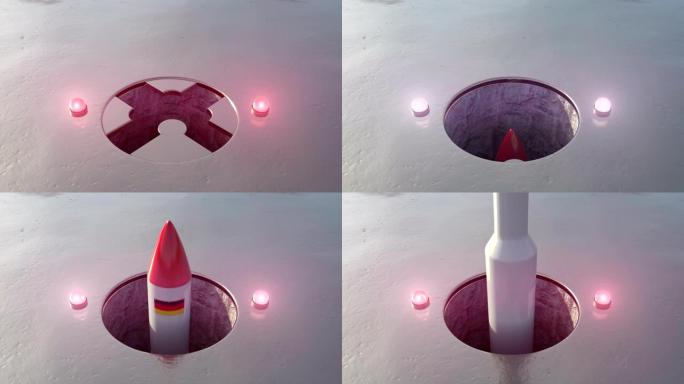 德国火箭发射的3D动画。关闭发射地雷的开放和核武器的发射。