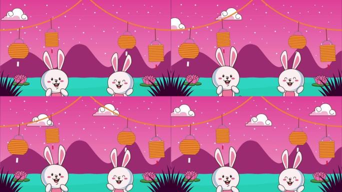 中秋节动画与兔子夫妇和灯挂在湖里