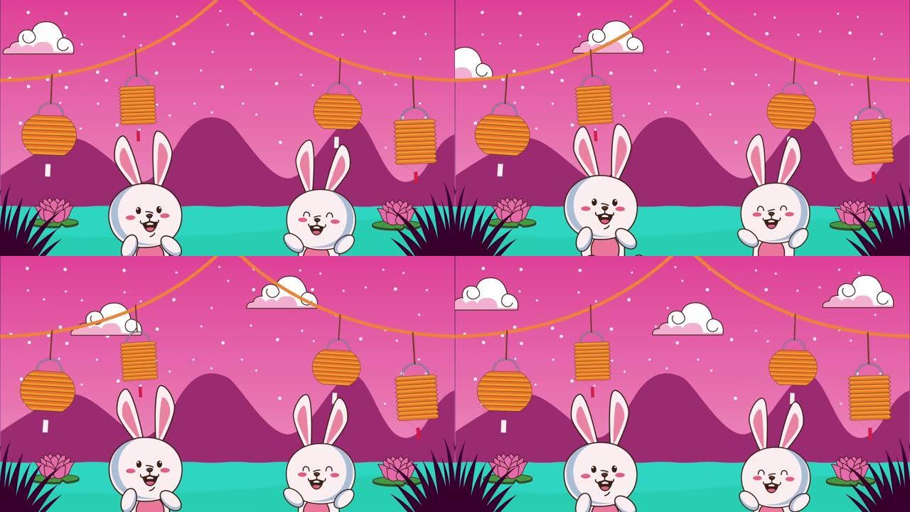 中秋节动画与兔子夫妇和灯挂在湖里
