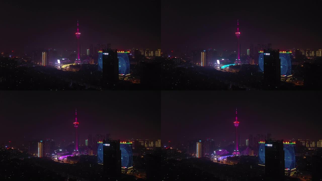 夜间照明成都市著名电视塔区空中全景4k中国