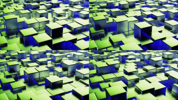 抽象蓝绿色金属背景从立方体。金属立方体的墙。无缝循环3d渲染