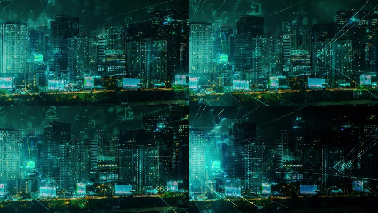 金融商业数字智慧城市，未来派网络空间背景的大城市灯光摩天大楼大厦塔深蓝色夜空，数字技术概念。