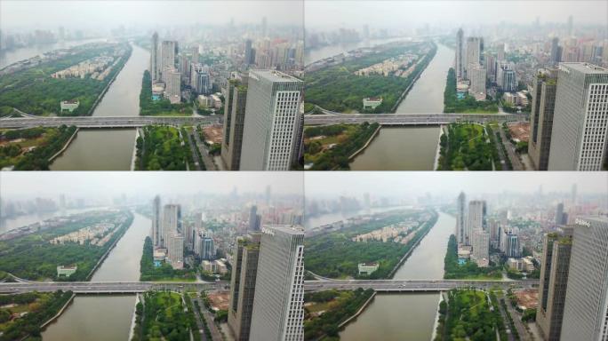 广州城市景观珠江日时间空中全景倾斜-shift 4k中国