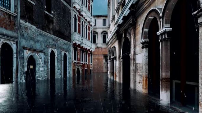 多雨的夜晚，意大利威尼斯的洪水泛滥期间的街道