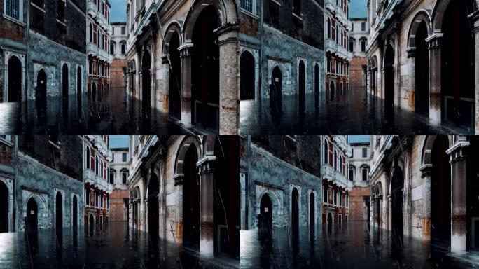多雨的夜晚，意大利威尼斯的洪水泛滥期间的街道