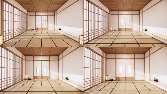 日本室内设计，现代客厅。3d插图，3d渲染