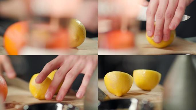 用刀将柠檬切成两半