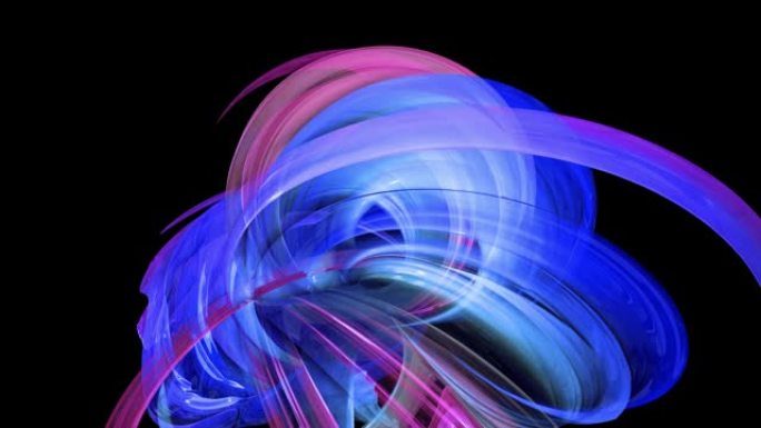 抽象的彩色透明丝带在黑色背景上四处移动。运动图形3d循环背景与红色蓝色丝带。亮度哑光作为阿尔法通道。