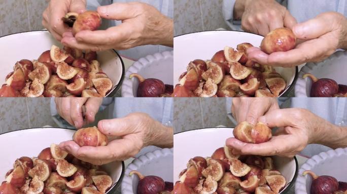 一个老人手切水果的特写。手握无花果。