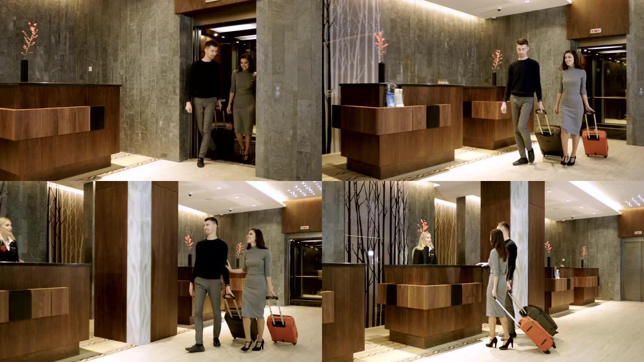 恋爱中的情侣到达酒店，从电梯去接待处办理入住手续。4K