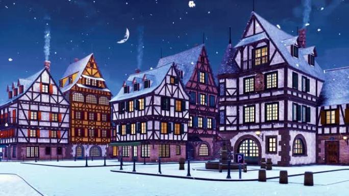 冬天晚上降雪的欧洲小镇3D动画
