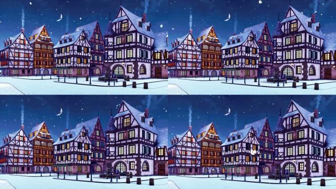 冬天晚上降雪的欧洲小镇3D动画