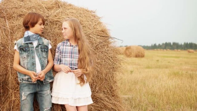 浪漫的情侣靠在乡下收割田上的干草堆上。十几岁的女孩和男孩站在村里农田的干草堆背景上。