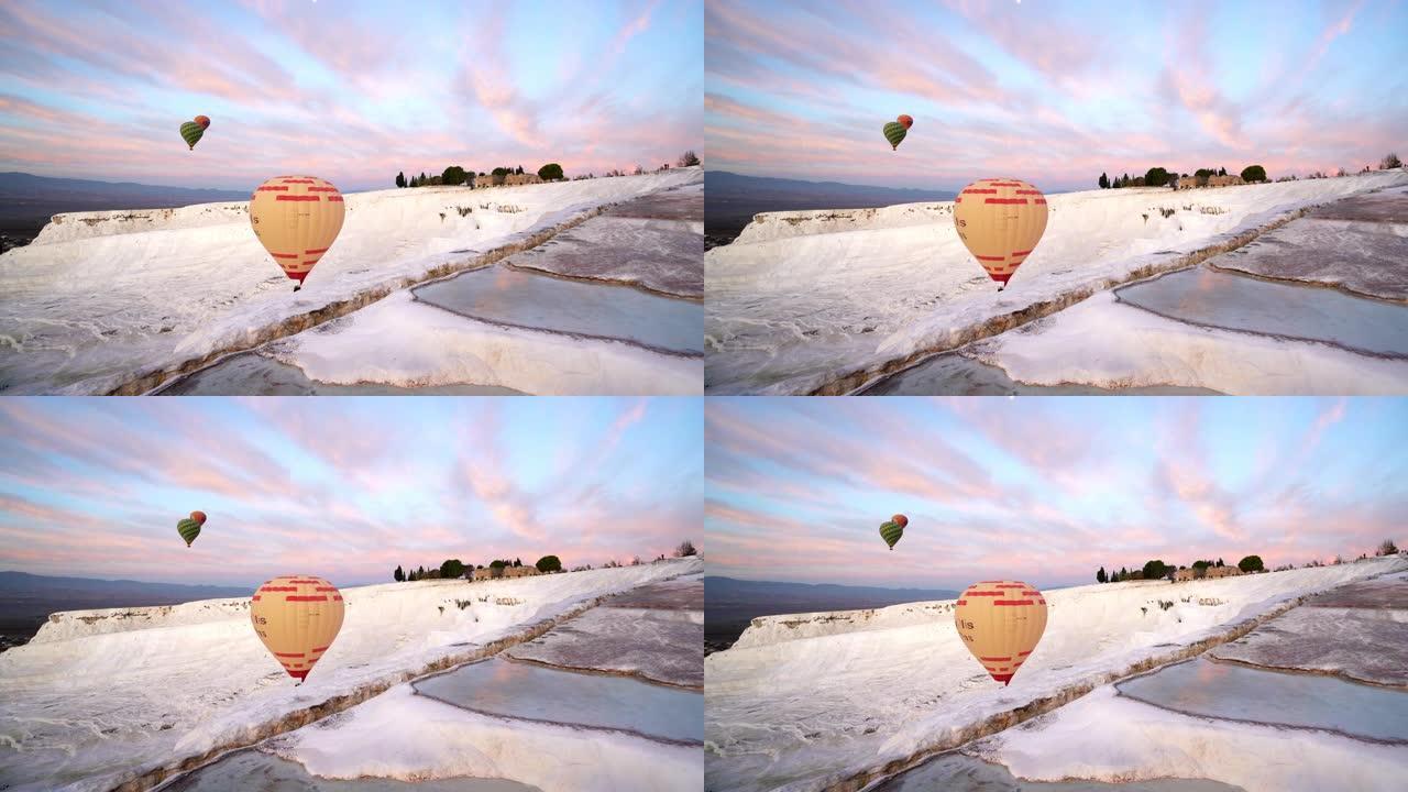 Hot air balloons in travertine pools lime terraces