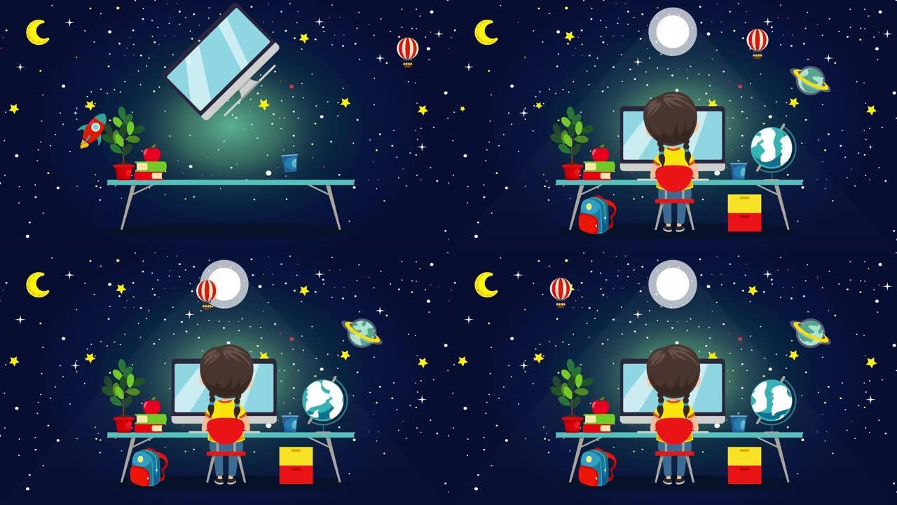 小孩子在太空背景中使用计算机