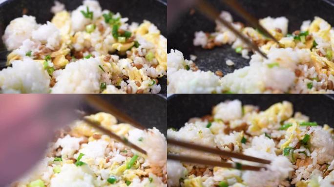 烹饪纳豆炒饭米饭视频素材做菜
