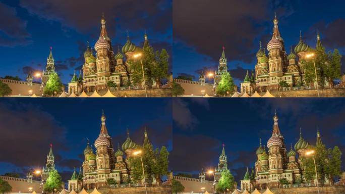 莫斯科俄罗斯时间流逝4K，城市天际线夜晚在红场和圣罗勒的凯瑟琳德拉