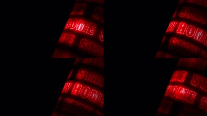 呆在家里红色霓虹灯3D文本滚动在黑色背景上旋转，复制空间。4k无缝循环呆在家里动力排版，为COVID
