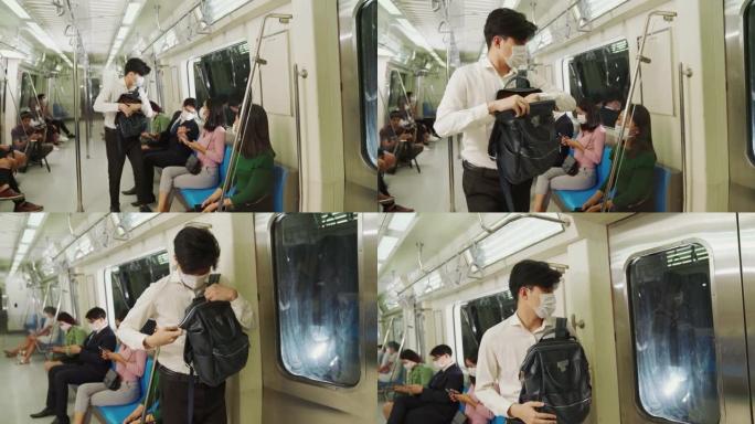 女人阻止男人在火车上坐在她旁边，以保持社交距离。