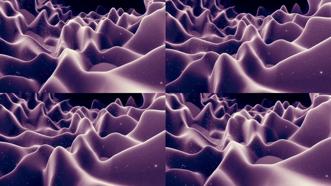 柔和的黑色哑光材料的抽象波，内部发光，在变形表面上闪闪发光。抽象的几何表面，如景观或地形，挤压或取代
