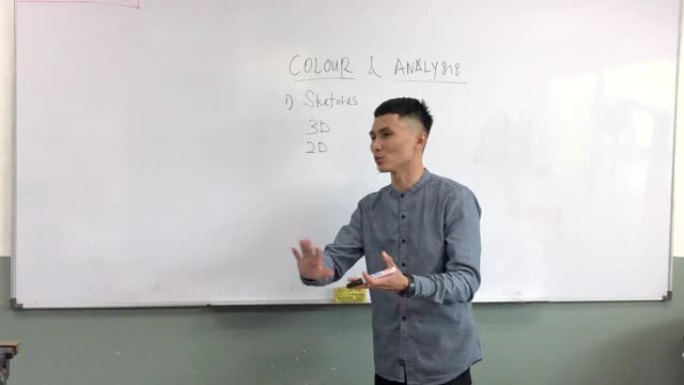 亚洲马来人微笑男老师在大学教室为他的学生讲课