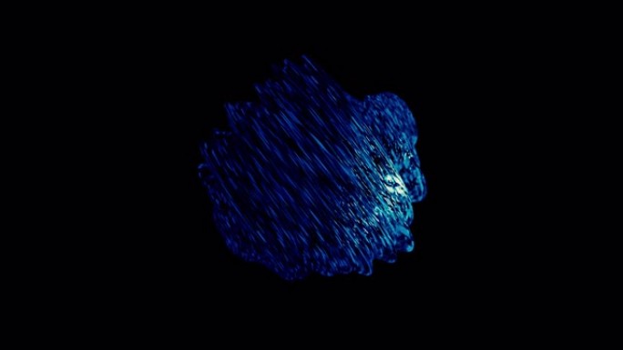 黑色背景上旋转的液体物质惊人的蓝色球体，无缝循环。动画。由小菱形闪耀粒子在黑暗中旋转的地球仪形成
