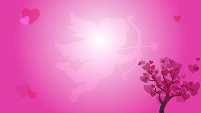 巨大的丘比特与心，叶，树在粉红色的情人爱婚礼概念。