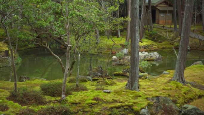 背景上有人行走的日本花园