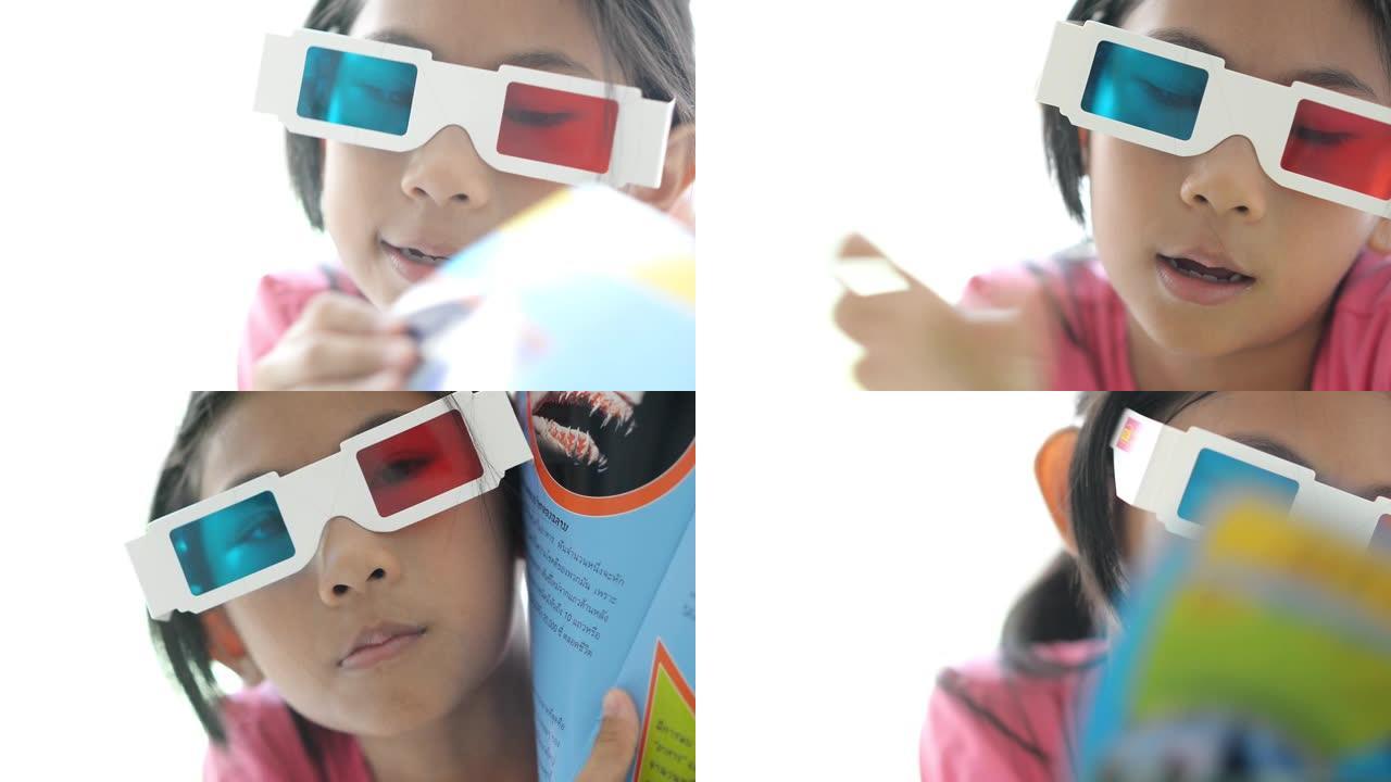 躺在床上戴着3d眼镜的亚洲女孩在家窗户附近看书。
