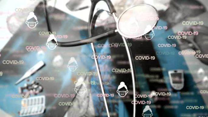 新型冠状病毒肺炎细胞文字和图标漂浮在医疗设备上的听诊器上的动画