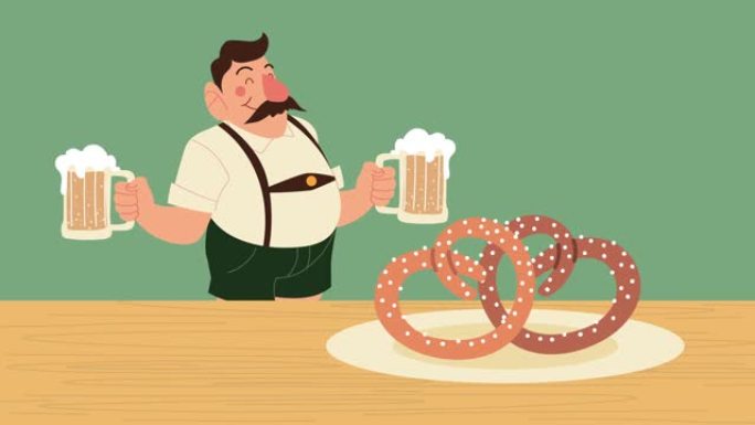 啤酒节庆祝动画，德国醉酒提升啤酒和椒盐卷饼